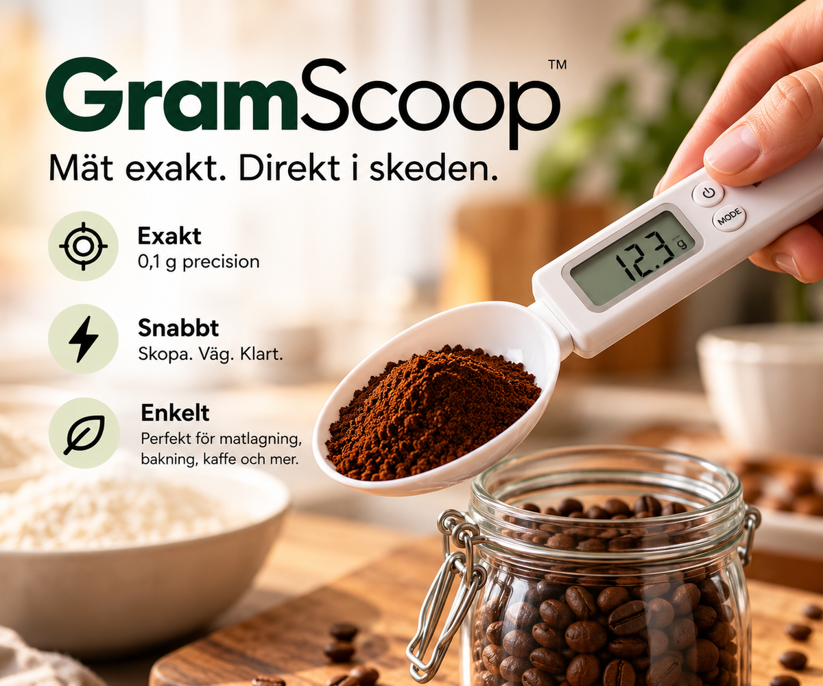 GramScoop digital skedvåg med kaffe i skeden och digital display.
